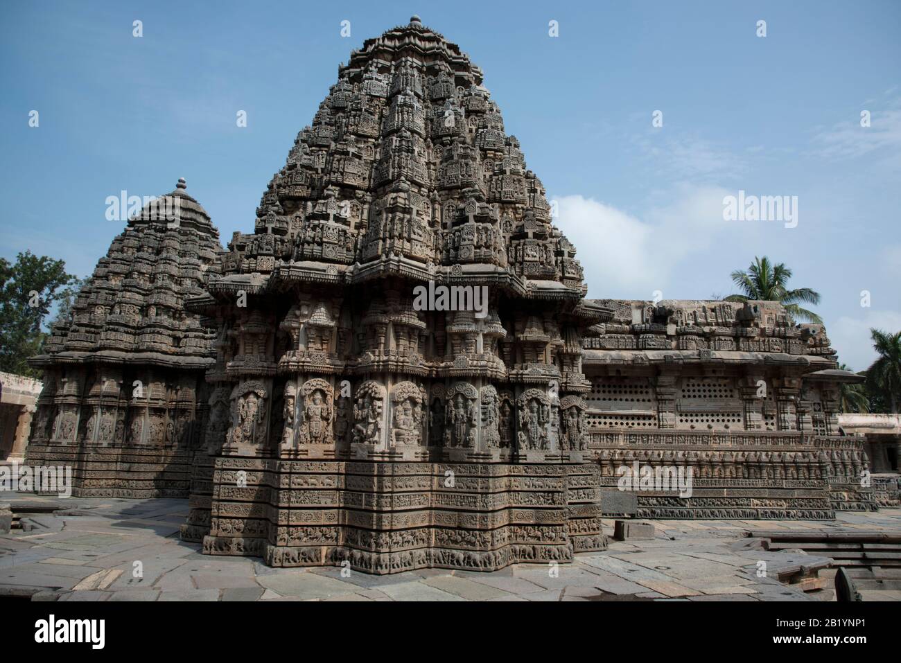 The Chennakesava main temple in the center is on a high star-shaped platform with three symmetrical sanctums, Somanathapura, Karnataka, India Stock Photo