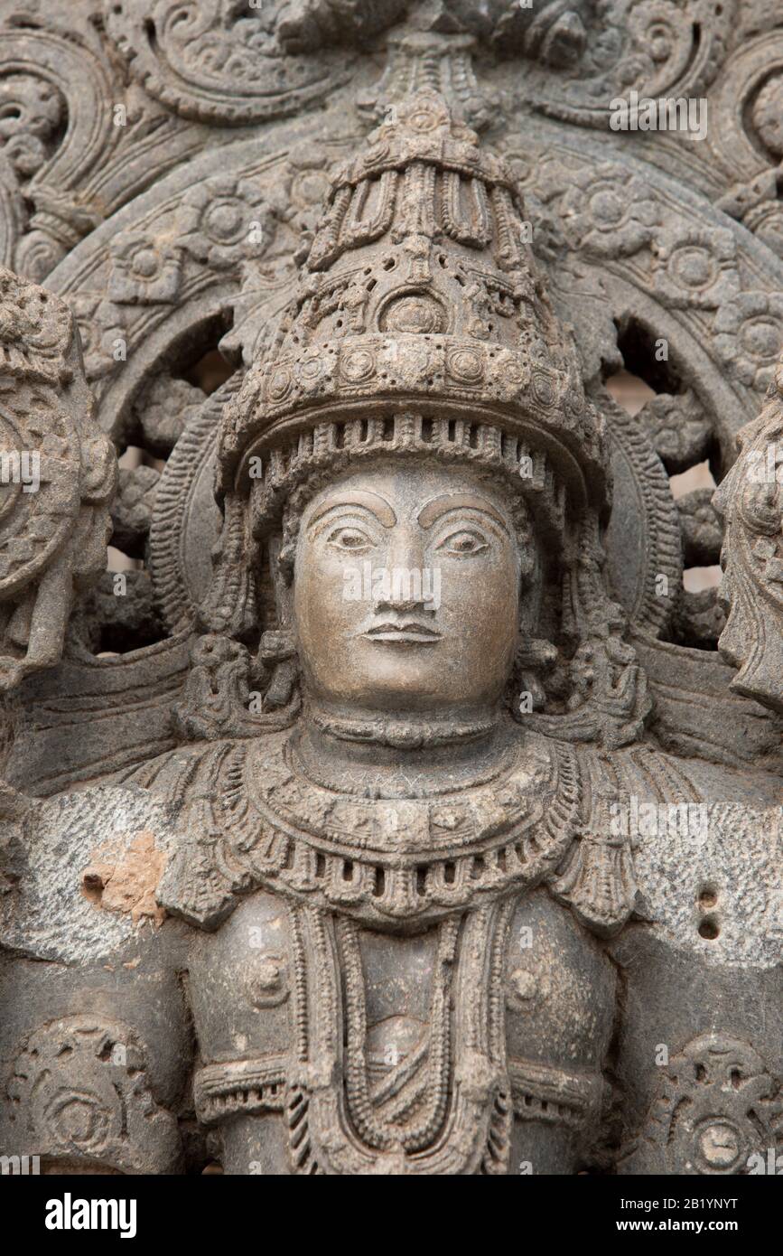 Close-up of Dwarpalaka Jaya resembles the main deity Keshava, Chennakesava Temple, Somanathapura, Karnataka, India Stock Photo