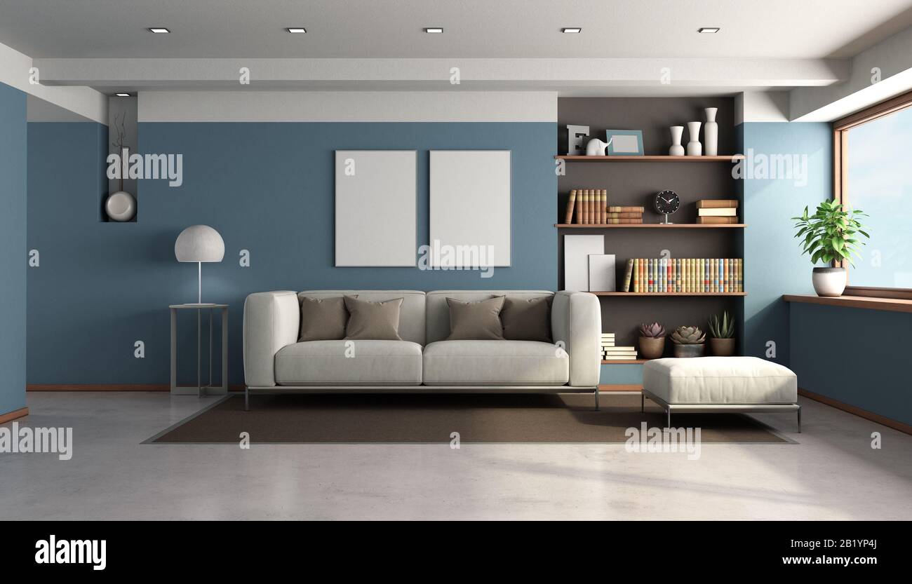 Blue living room with modern sofa and bookcase on background - 3d rendering Stock Photo