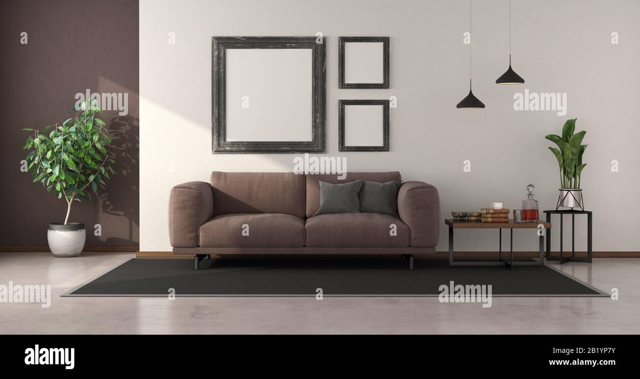 Minimalist living room with brown sofa and wooden pictures frame on white wall - 3d rendering Stock Photo