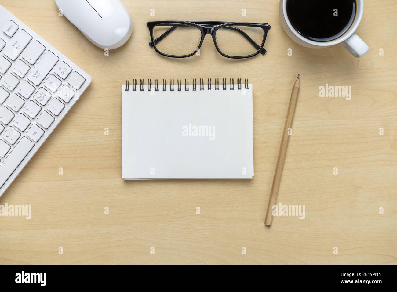 Office desk workspace and table background from top view above flat lay