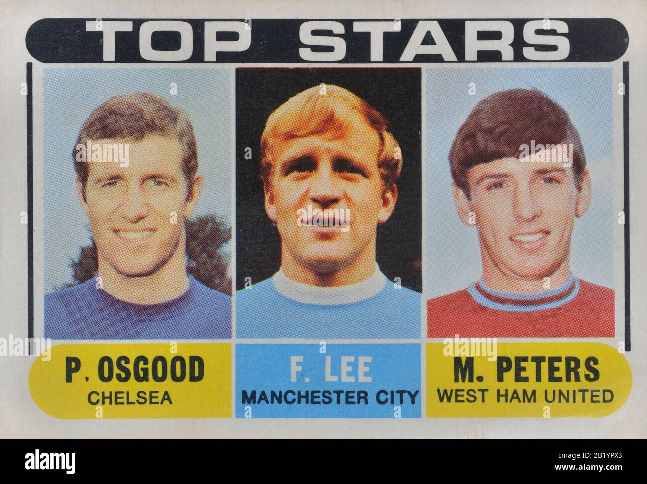 English soccer stars, Peter Osgood, Francis Lee and Martin Peters trading card. Circa 1960's Stock Photo