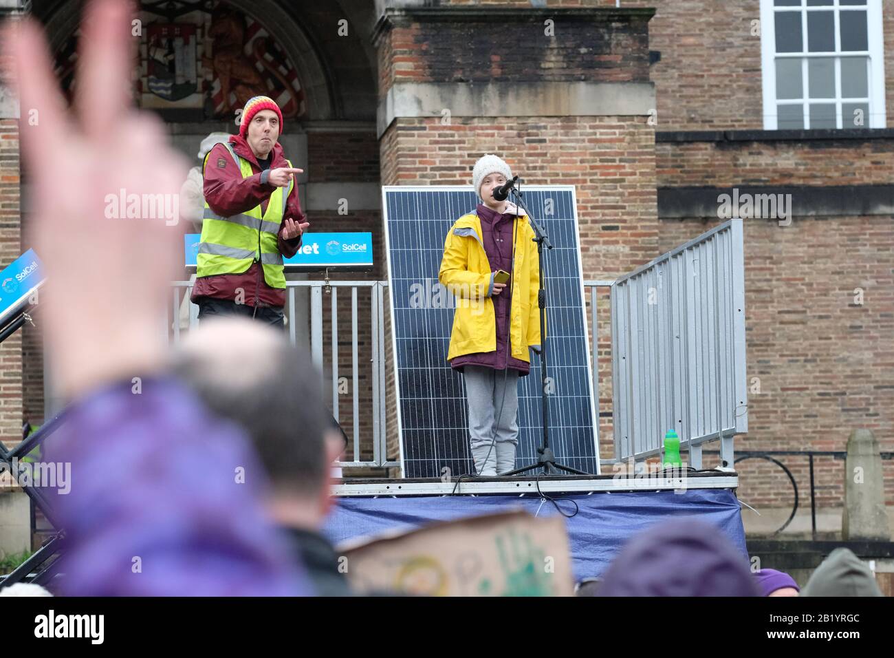 Bristol, UK - Friday 28th February 2020 - Climate activist Greta Thunberg speaks at the Bristol Youth Strike 4 Climate demonstration at College Green, Bristol in the rain. Photo Steven May / Alamy Live News Stock Photo