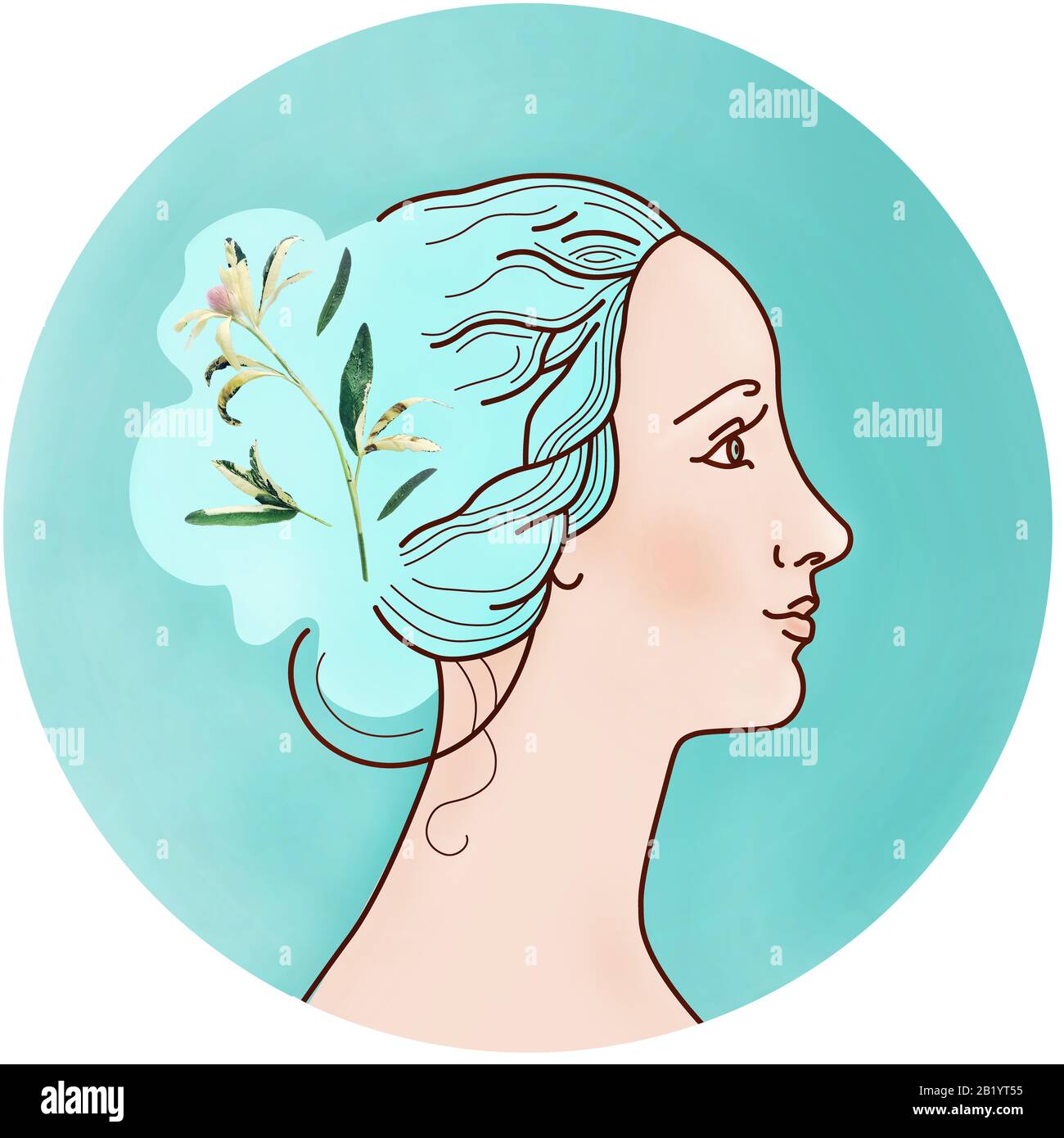 Spring illustration of Female Profile, face of a beautiful girl with flowers in hair on a blue round background. Icon, logo, avatar, flat picture for Stock Photo