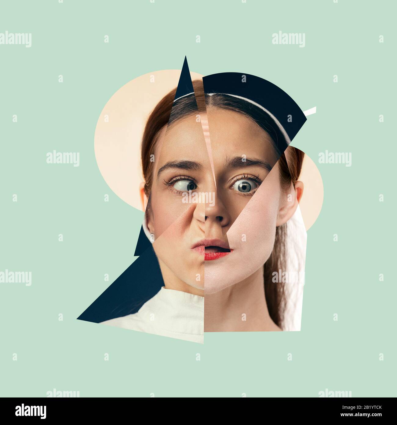 Young woman's portrait made of different pieces of faces, modern art collage.  New vision of beauty and fashion, make up, hairstyle. Modern style,  contemporary view of emotions, feelings Stock Photo - Alamy