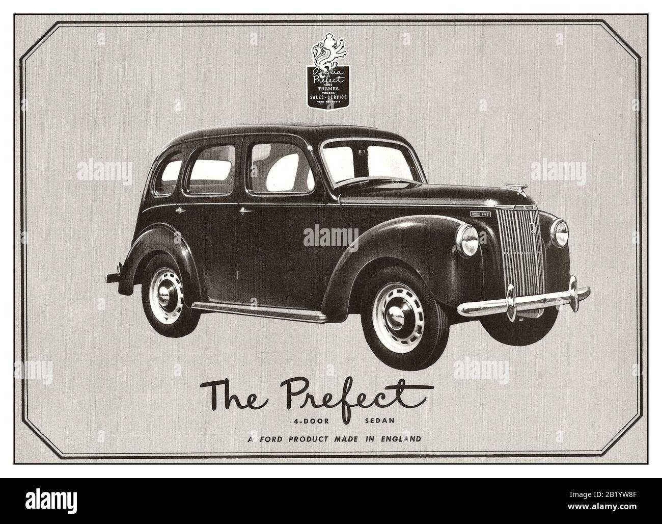 Vintage British made car Advertisement Illustration The Prefect Ford 1950 motor car 4 door sedan made in England Stock Photo