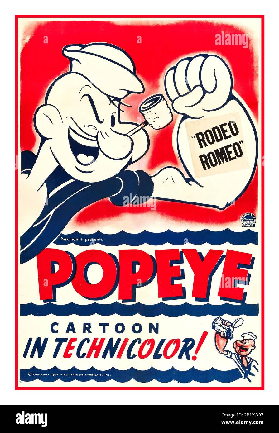 POPEYE Vintage 1940’s Cartoon Film Poster Rodeo Romeo is Popeye's 142nd theatrical cartoon, released by Famous Studios on August 16, 1946.  It features Popeye the Sailor as the main protagonist, Olive Oyl as the romantic interest, Badlands Bluto as the main antagonist and a rodeo bull as a secondary antagonist. In addition to featuring the characters in a Western setting (as in Popalong Popeye and Tar with a Star), this cartoon is notable for the use of hallucinatory drugs in its plot. Cartoon in Technicolor Stock Photo