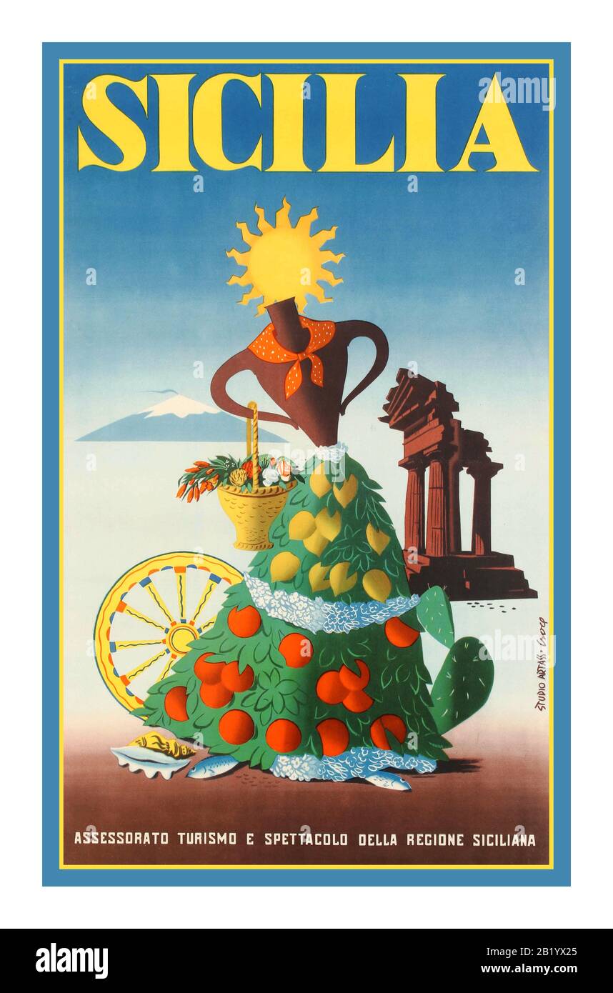 SICILIA SICILY Vintage 1950’s travel advertising poster for Sicily by ENIT ( Italian Tourist Agency). Poster illustration features shape of a woman with skirt of lush Sicilian green leaved orange and lemon fruit trees , a Terracotta vase forms her body and sun emblem as her face, with historic ruins, shell, basket, conch shell, wheel and snow topped Vesuvius volcano mountain in b/g. Sicily Italy, 1950,  Studio Artass, Croce, Italy Stock Photo