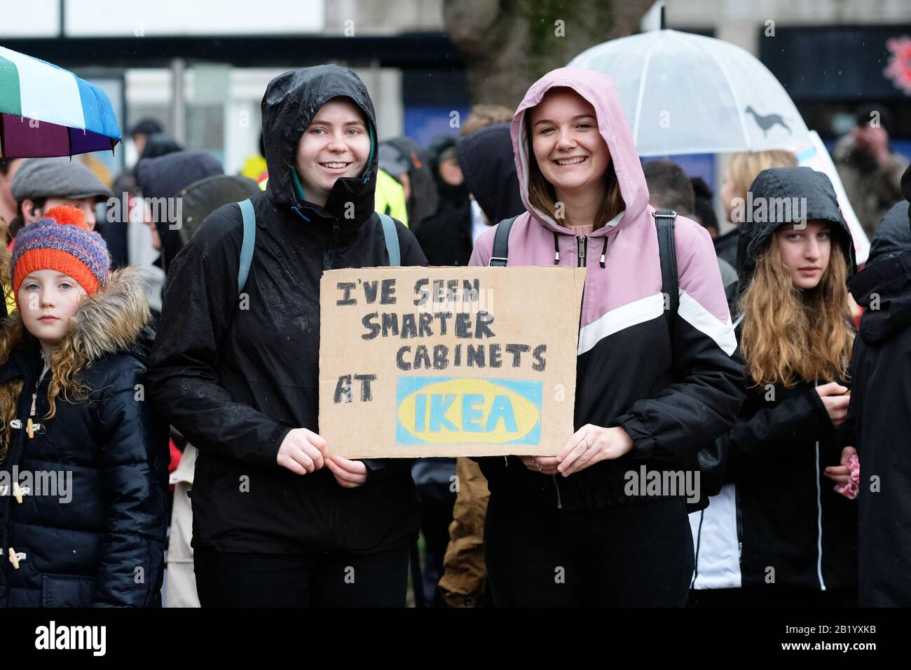 Bristol, UK - Friday 28th February 2020 - Young student protesters and families gather on College Green in the rain to support the Bristol Youth Strike 4 Climate. Credit: Steven May/Alamy Live News Stock Photo