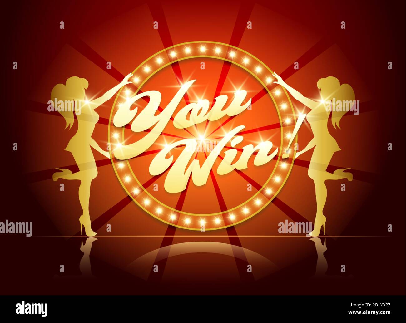 You Win Banner for Casino or Gaming industry in Retro Style. Wording You Win in circle light bulb frame and two girl silhouettes. Vector illustration. Stock Vector