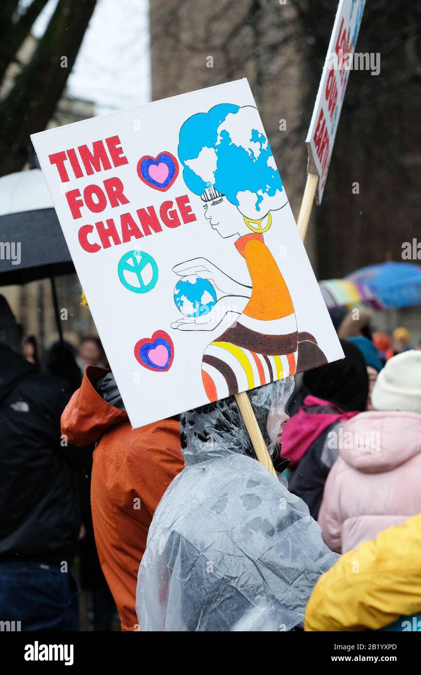 Bristol, UK - Friday 28th February 2020 - Time For Change - protesters gather on College Green in the rain to support the Bristol Youth Strike 4 Climate. Credit: Steven May/Alamy Live News Stock Photo