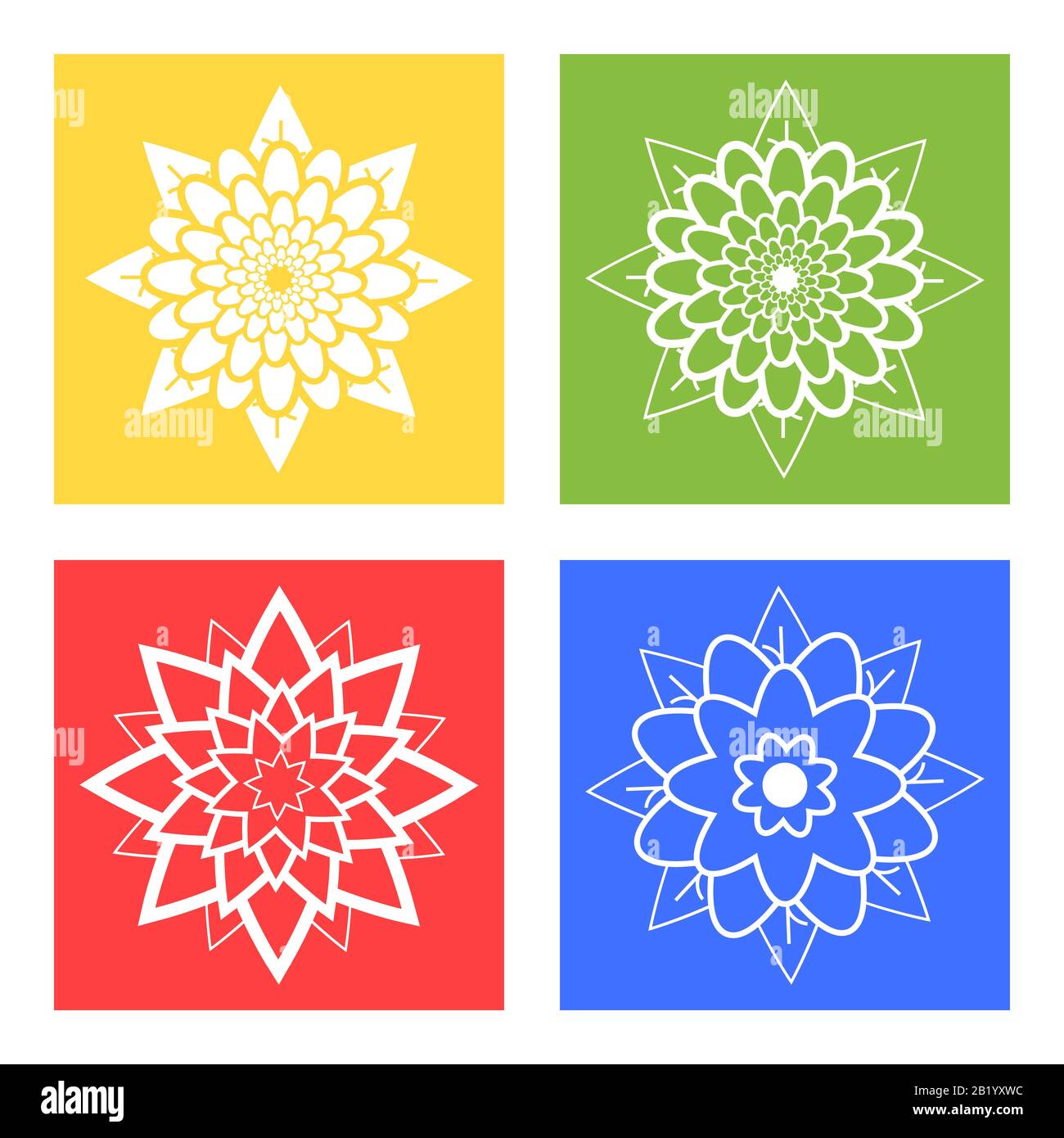 Set of four silhouettes of flowers blue, green, yellow, red Stock Vector