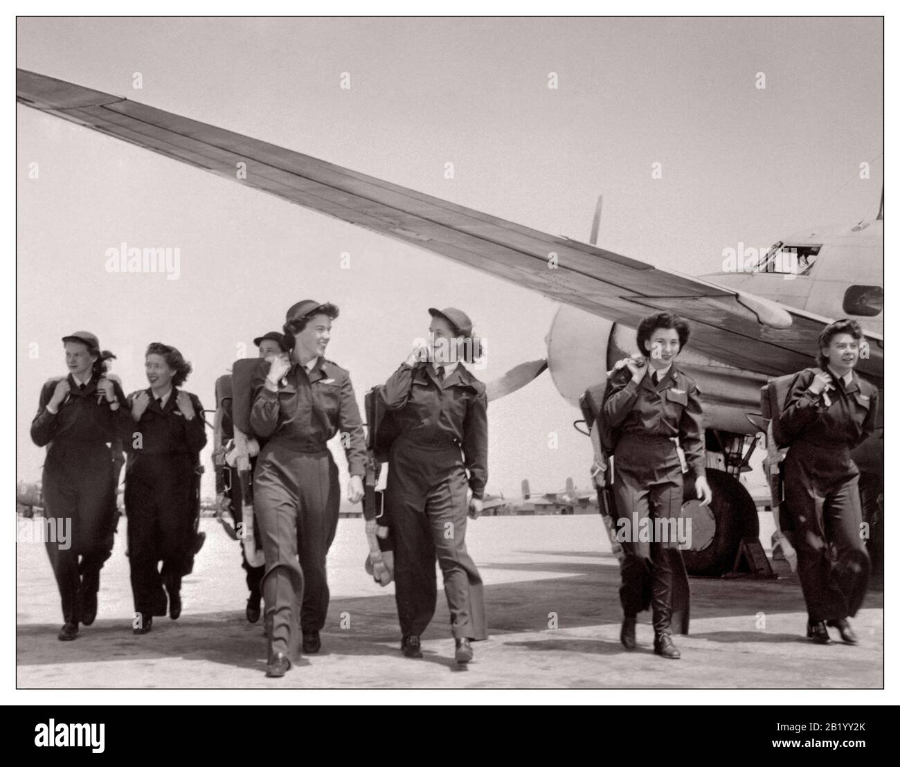 Vintage 1940's WW2 WASP - Women Pilots of World War II Women Airforce Service Pilots (WASP) The Women Airforce Service Pilots was a civilian women pilots' organization, attached to the United States Army Air Forces to fly military aircraft during World War II. Members were United States federal civil service employees. Members of WASPS became trained pilots who tested aircraft, ferried aircraft and trained other pilots during World War II 1943 Stock Photo