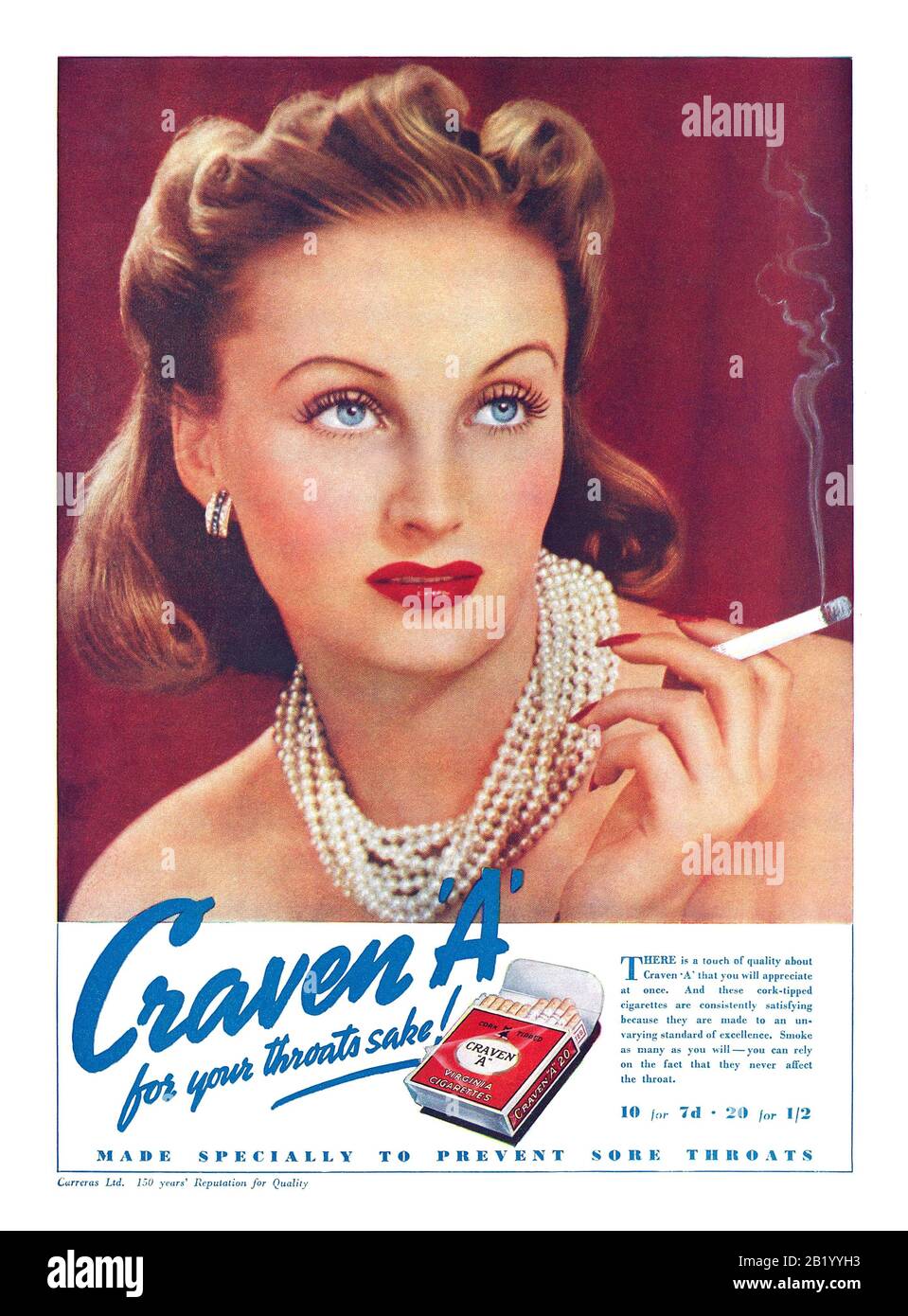 Vintage 1940’s Cigarette Advertisement for Craven ‘A’  ‘made specially to prevent sore throats’  ‘FOR YOUR THROATS SAKE’ Cork Tipped so no matter how many you smoke Craven 'A' will NEVER affect your throat !! Stock Photo