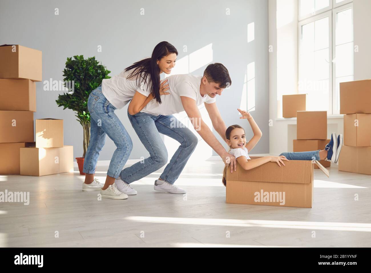 Family moving house home apartment relocation purchase rent mortgage sale room concept. Stock Photo