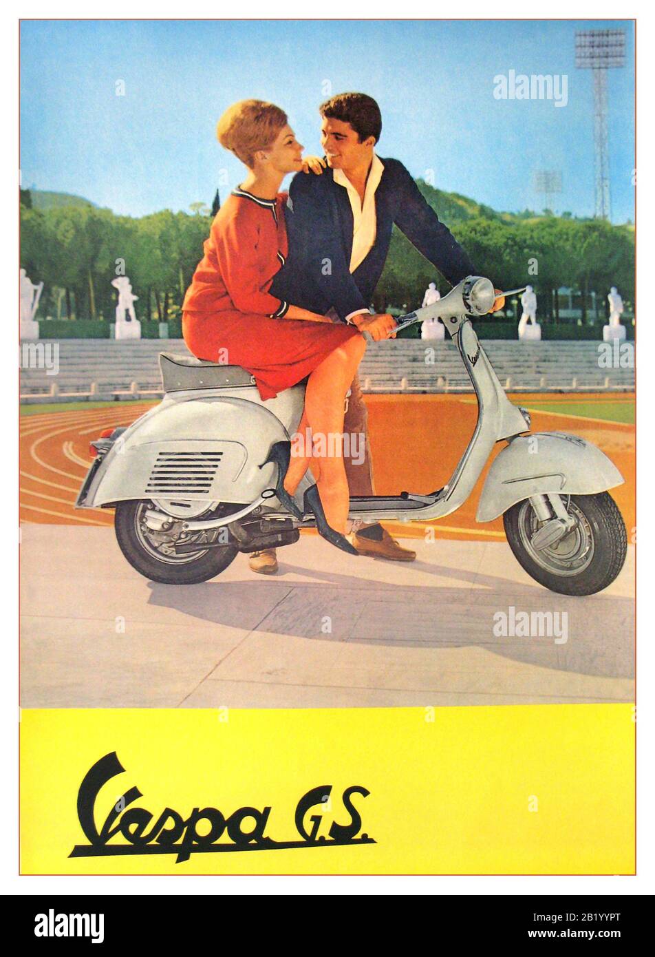 VESPA SCOOTER 1955 Vintage Advertisement featuring stylish couple on legendary Vespa GS 150 a milestone in the history of the scooter, not only for Vespa but for the market as a whole. Probably the most iconic scooter ever produced and now highly sort after. In the '50s the market a changed and Vespa became a 1950’s fashion style symbol statement for young people to distinguish themselves. For the first time a vehicle for the mass market was created with a quieter engine and performance. The Vespa 150 GS 1955 Stock Photo
