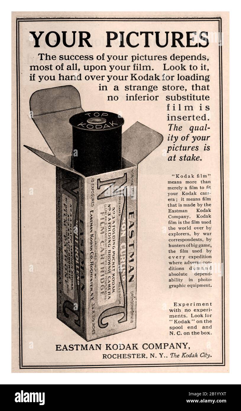 Vintage 1900's Kodak Camera Film Advertisement, promoting only Eastman Kodak Film  'The quality of your pictures is at stake' Look for 'Kodak' on the spool end' Stock Photo