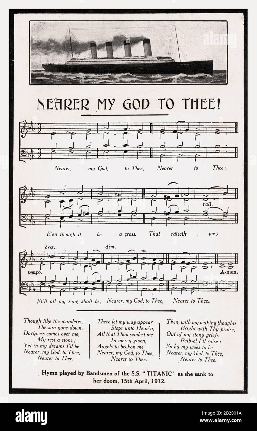 TITANIC Vintage Historic Commemorative hymn card ‘nearer My God to thee’ in poignant memory of the tragic sinking of SS Titanic, during which the ships band played the hymn ‘Nearer My God to thee’, 15 April 1912. SS Titanic, part of the White Star Line, sank during its maiden voyage after striking an iceberg near New Foundland Stock Photo