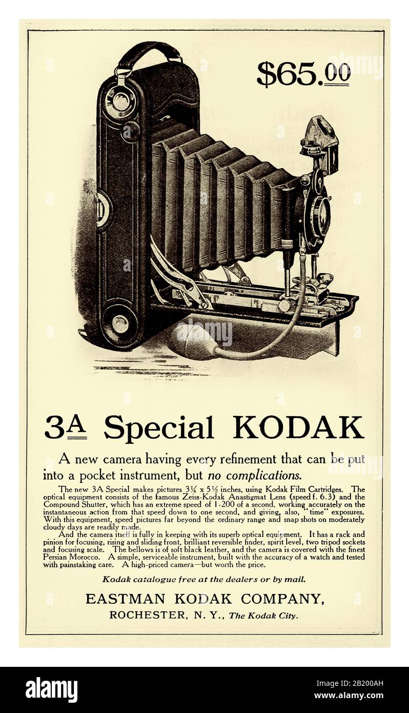 KODAK 1900's BELLOWS CAMERA Vintage Page Advertisement for The Kodak Folding Camera 3A Special priced at $65, 1911 Eastman Kodak Company Rochester  NY Stock Photo