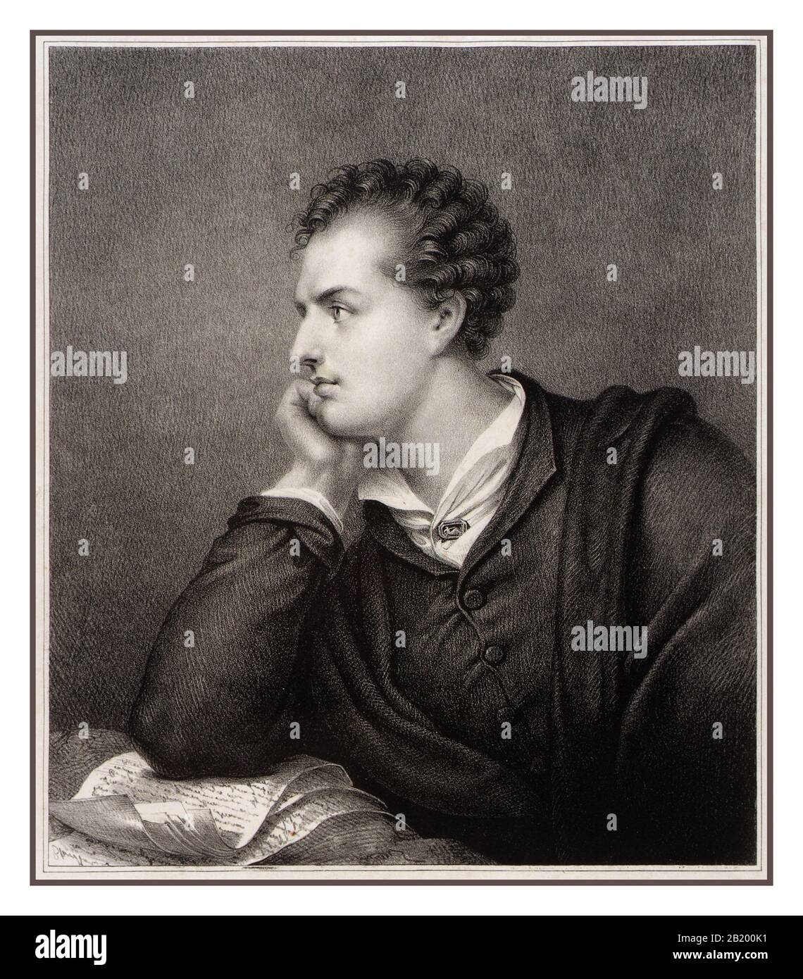 BYRON Archive lithograph etching c1885 Lord Byron. George Gordon Byron, 6th Baron Byron, known simply as Lord Byron. He was a renowned English poet and a leading figure in the 1800’s Romantic movement. Among his best-known works are the narrative poems Childe Harold's Pilgrimage and Don Juan. Lord Byron is also famous for the way he lived his life. He was a dandy, living extravagantly, with many love affairs and debts. Stock Photo