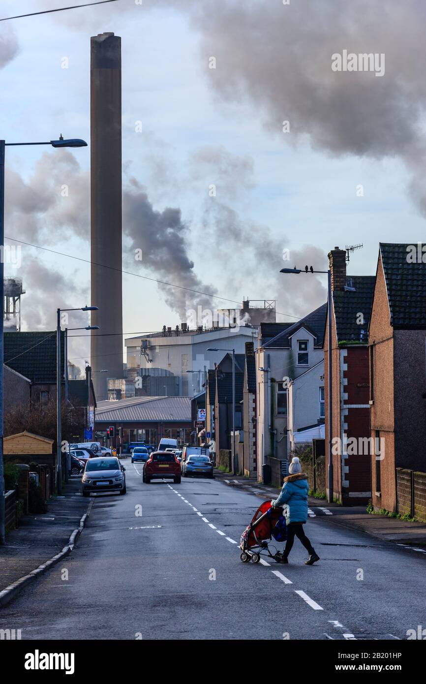 Port Talbot steel works emitting clouds of steam Port Talbot Swansea Glamorgan Wales Stock Photo