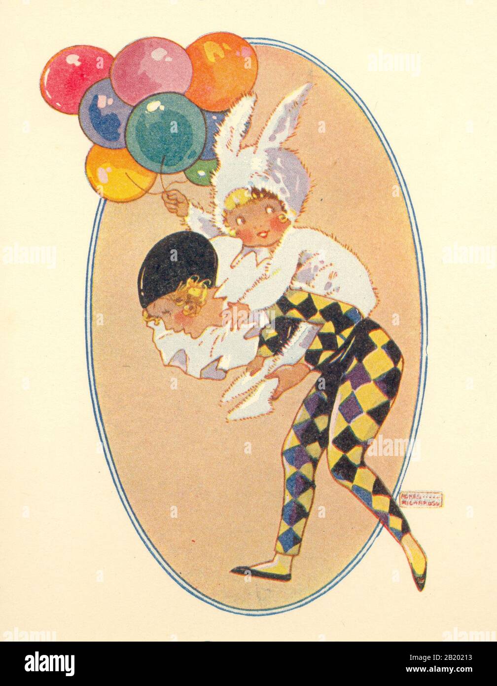 Two children in fancy dress playing piggy back at a party by artist Agnes Richardson circa 1930 Stock Photo