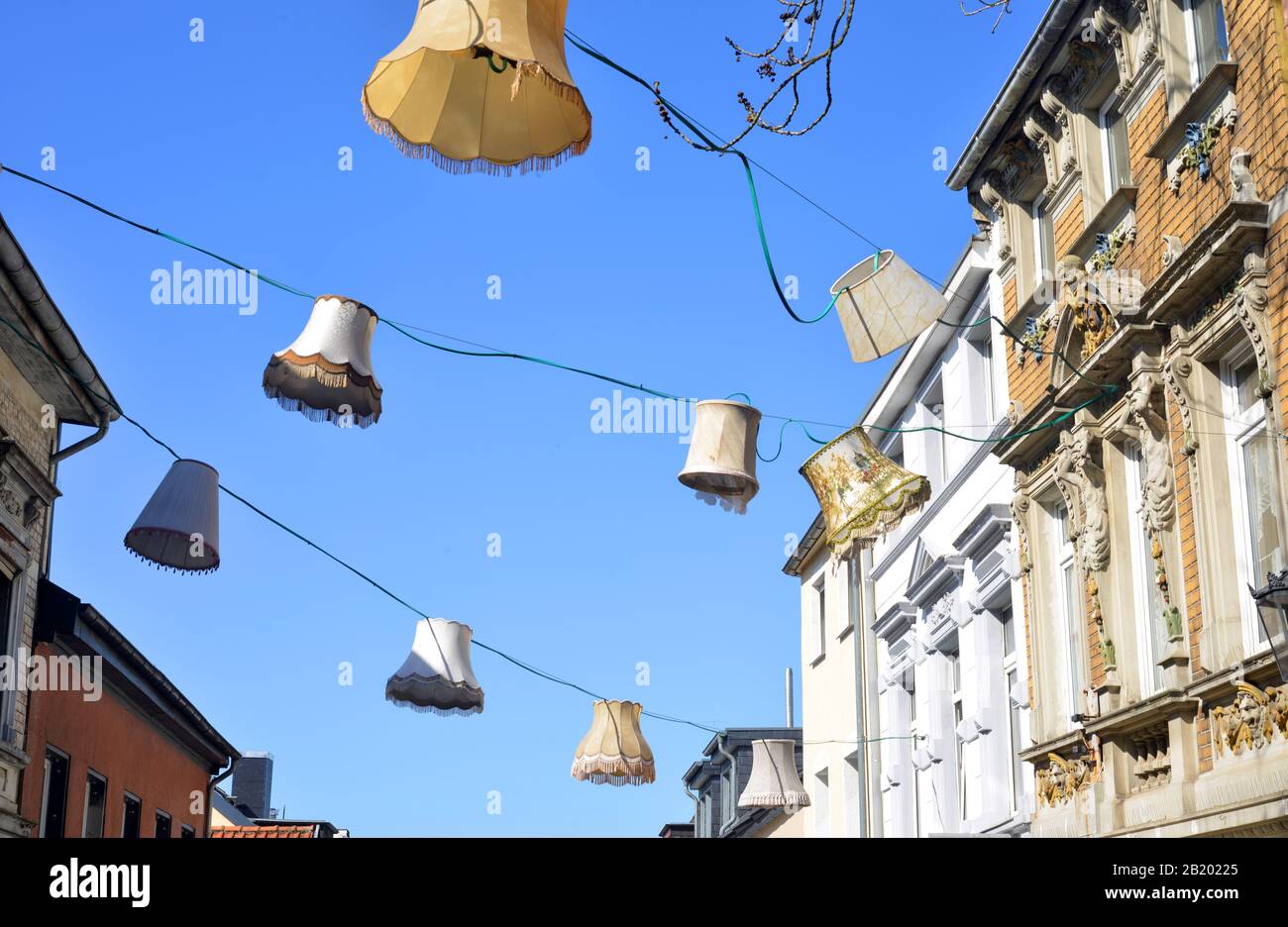 Mönchengladbach, Germany 03-23-2019 vintage lamp shades hanging in the Waldhauser street Stock Photo