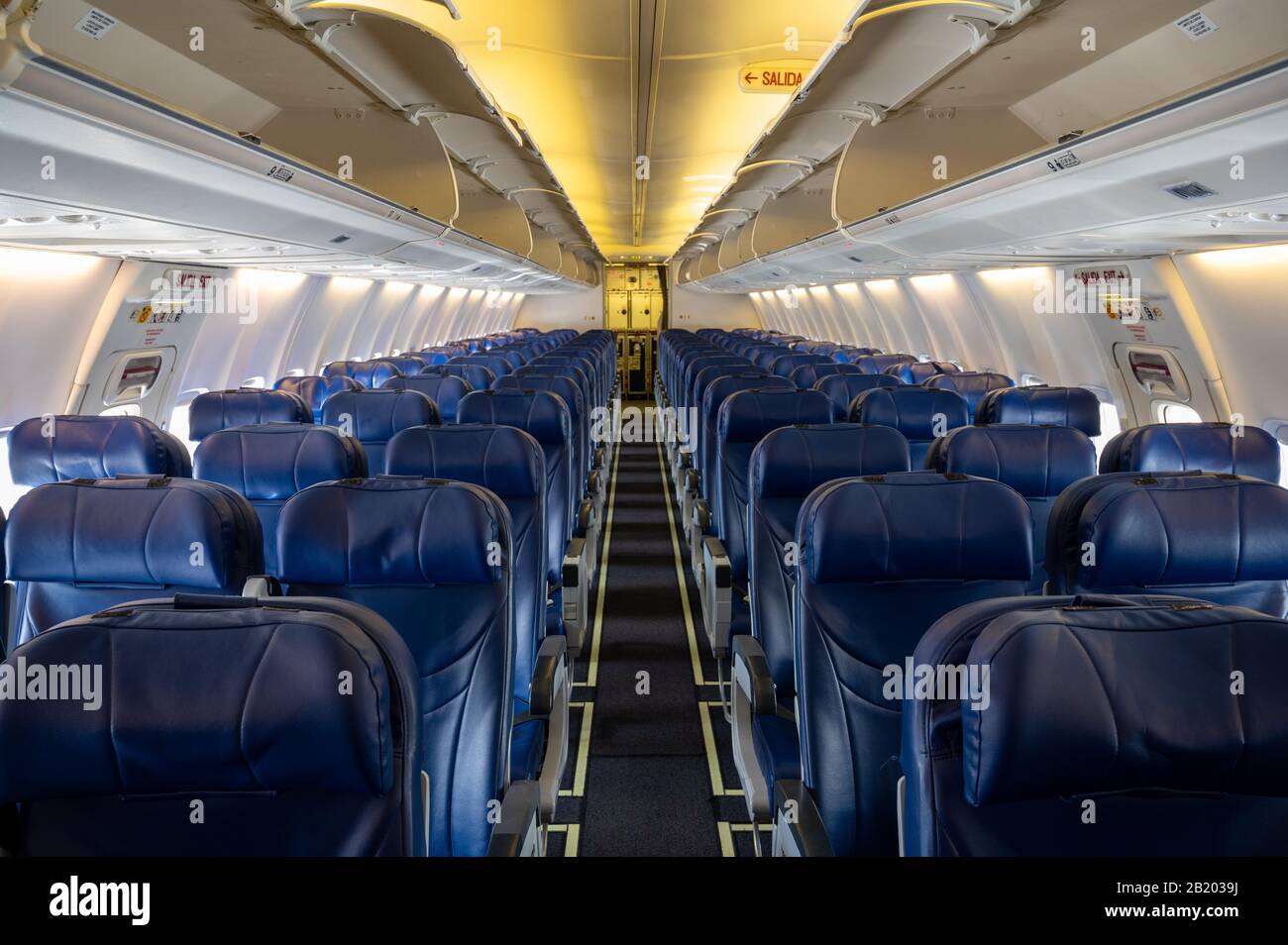 Empty interior of Boeing 737 narrow body passenger aircraft Stock Photo