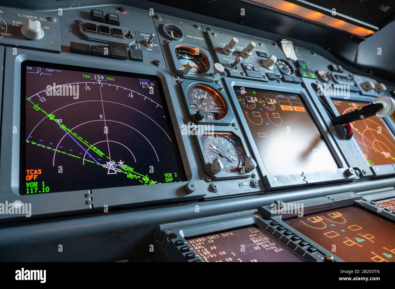 Cockpit flight instruments of Boeing 737 New Generation narrow body aircraft Stock Photo