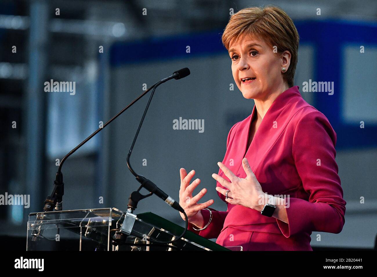 First Minister Nicola Sturgeon during her visit to Spirit Aero Systems where she opened a major new facility manufacturing spoiler wing components for Airbus A320 aircraft in Prestwick. Stock Photo