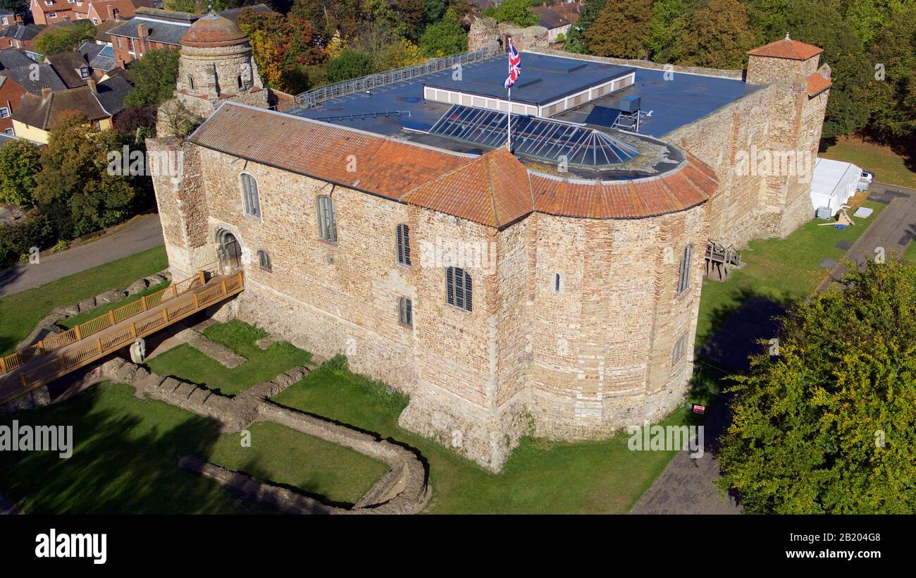 An aerial drone photo of Colchester Castle showing the new roof and surrounding town Stock Photo