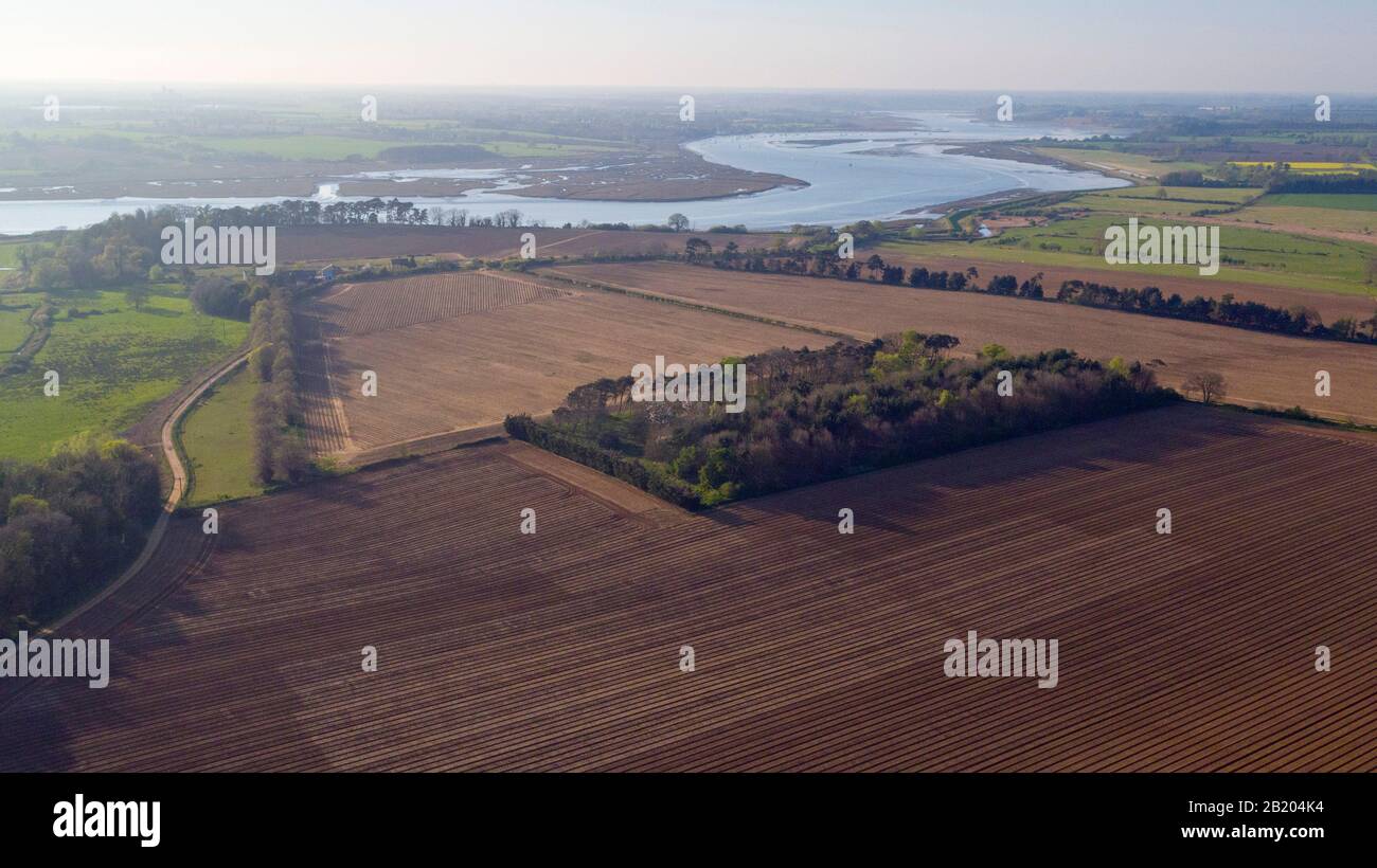An aerial photo from a drone of the River Deben Estuary in Suffolk with recently ploughed arable fields in the foreground Stock Photo