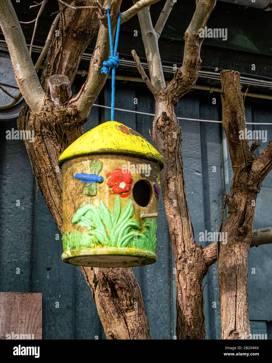 Bird Nesting box outside House in Freetown Christiania,a hippie community and commune established by squatters in Copenhagen, Denmark Stock Photo