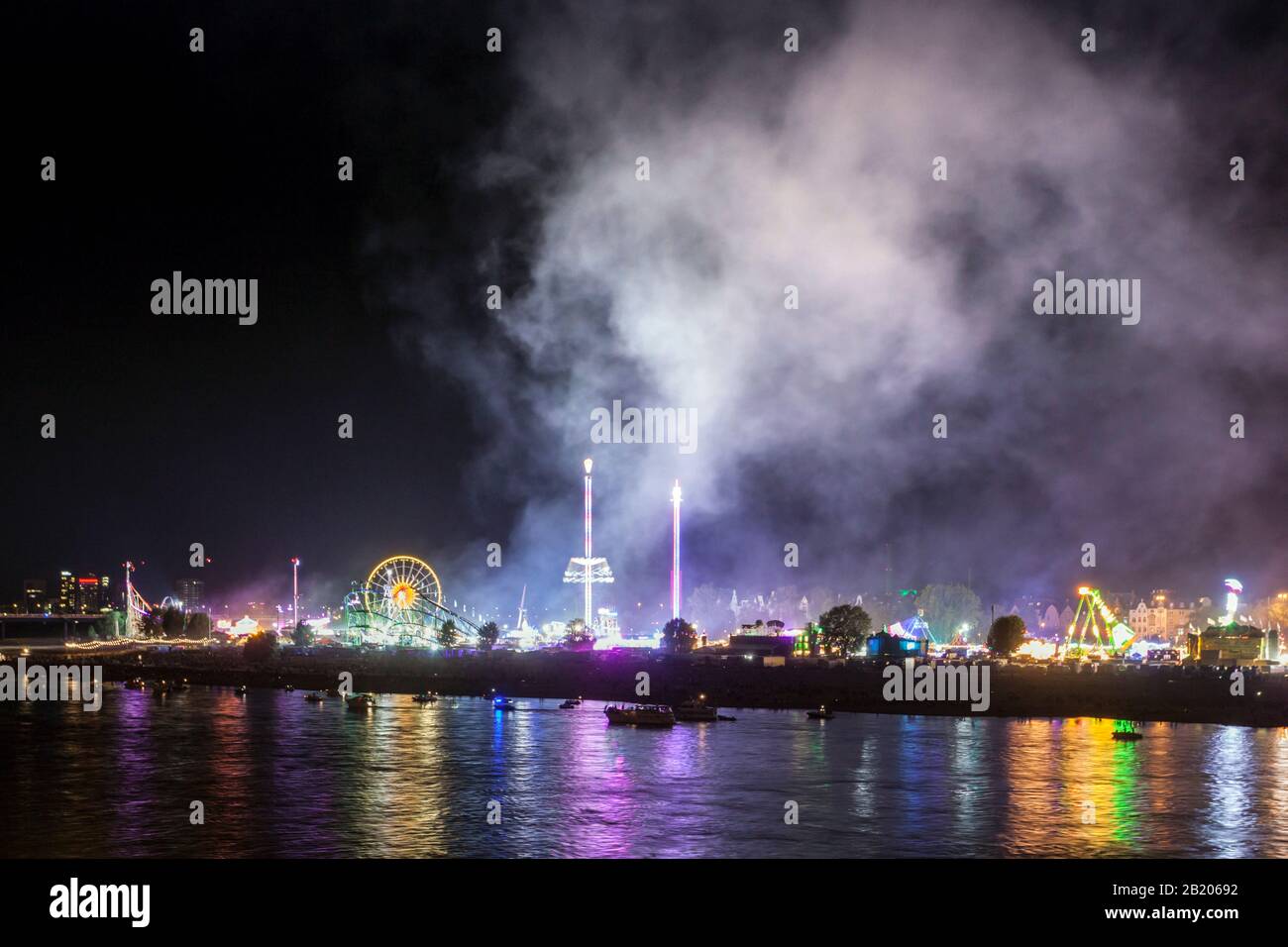 Pollution from the smoke of a large firework display during the Rhine fun fair Stock Photo