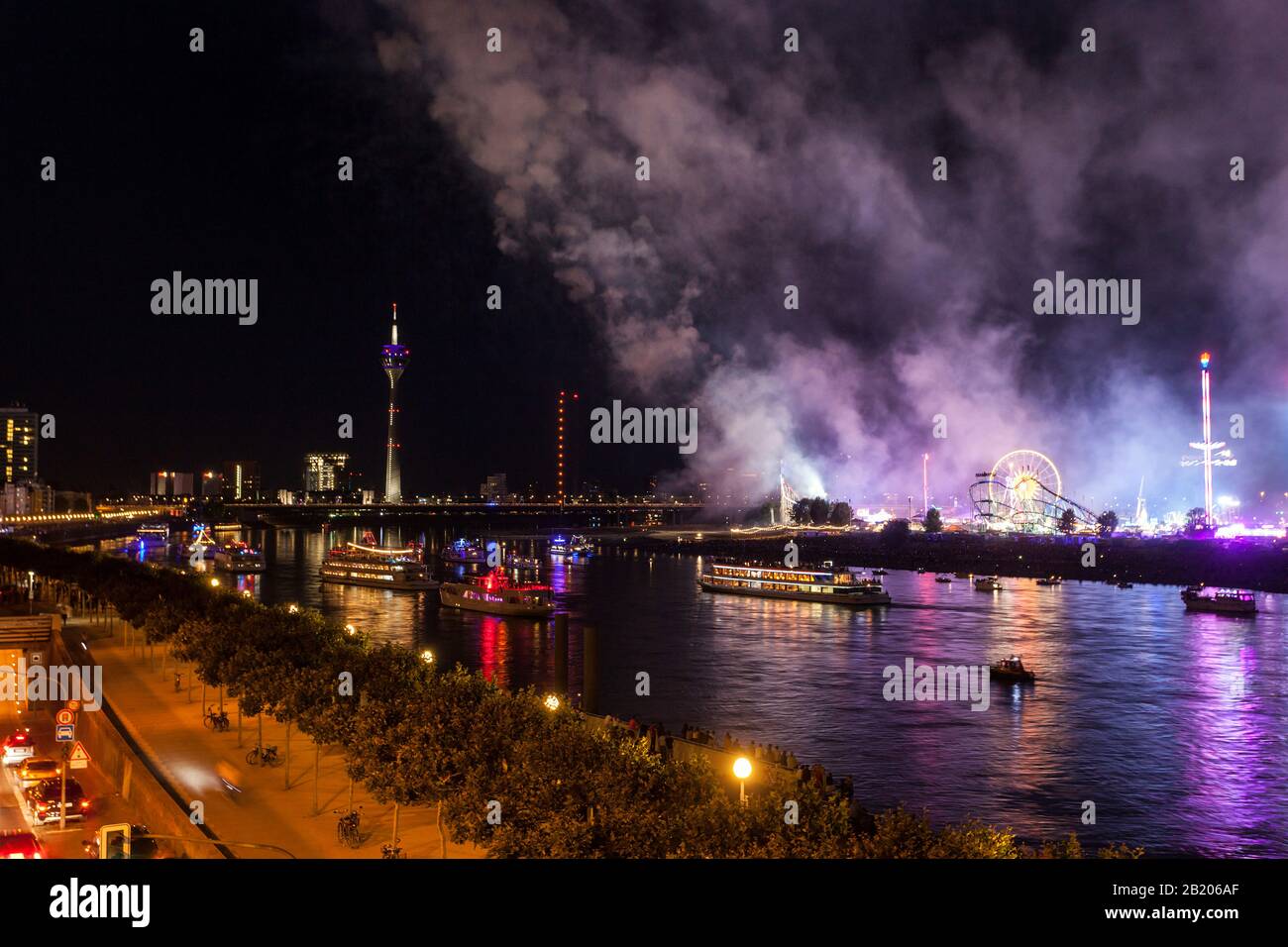 Pollution from the smoke of a large firework display during the Rhine fun fair Stock Photo