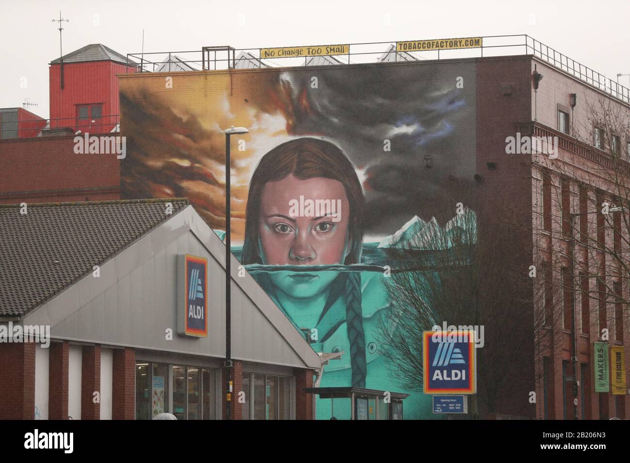 The mural of environmental activist Greta Thunberg painted on a wall of the Tobacco  Factory near Ashton Gate in Bristol. PA Photo. Picture date: Friday  February 28, 2020. Photo credit should read: