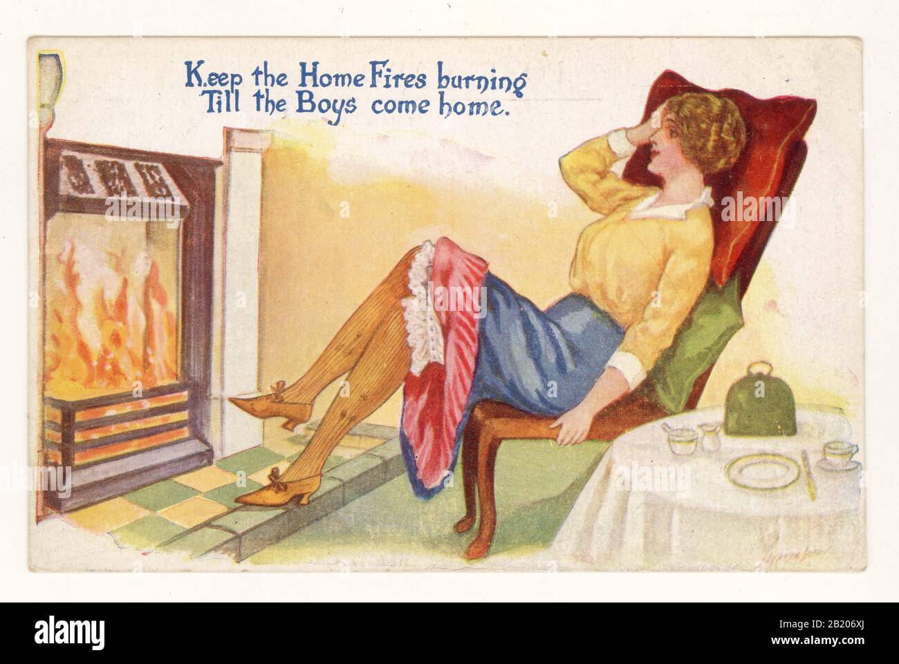 Early 1900's WW1 era saucy sweetheart postcard of a lady waiting by the fire in a suggestive pose for her boyfriend, posted in July 1916 from Maidenhead, Berkshire, England, U.K. The postcard was sent by a new recruit on arrival at his training camp to his girlfriend back in Kent. Stock Photo