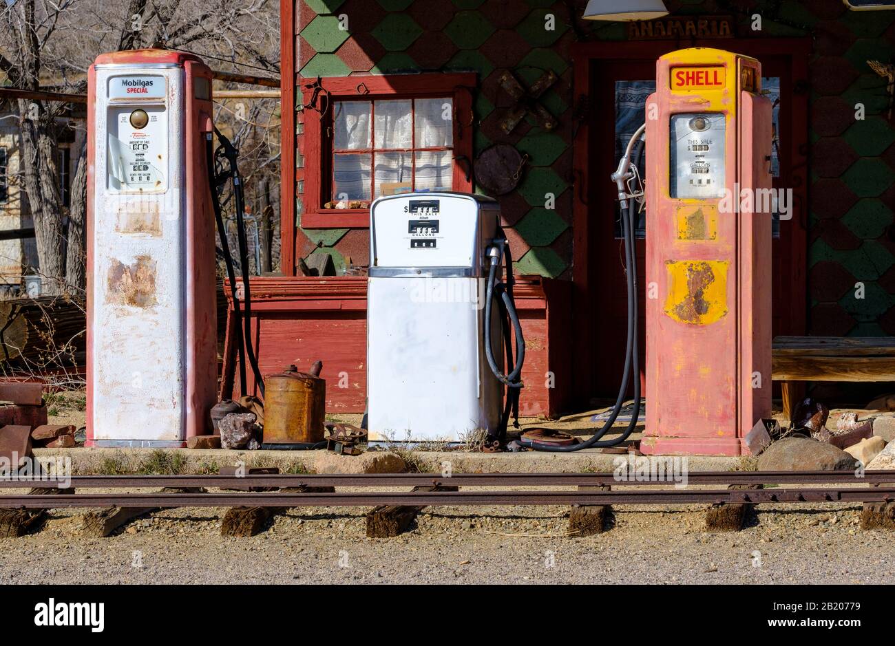 Gas pumps in Chloride, Arizona, 86431, USA. Stock Photo