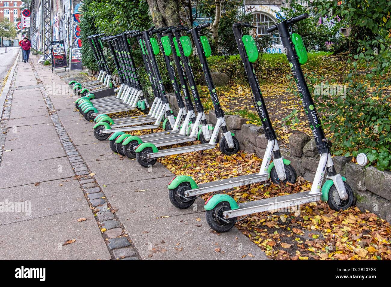 badning generelt trappe Row of Lime Rental E-scooters parked in Prensessegade street, Christiana,  Copenhagen Stock Photo - Alamy