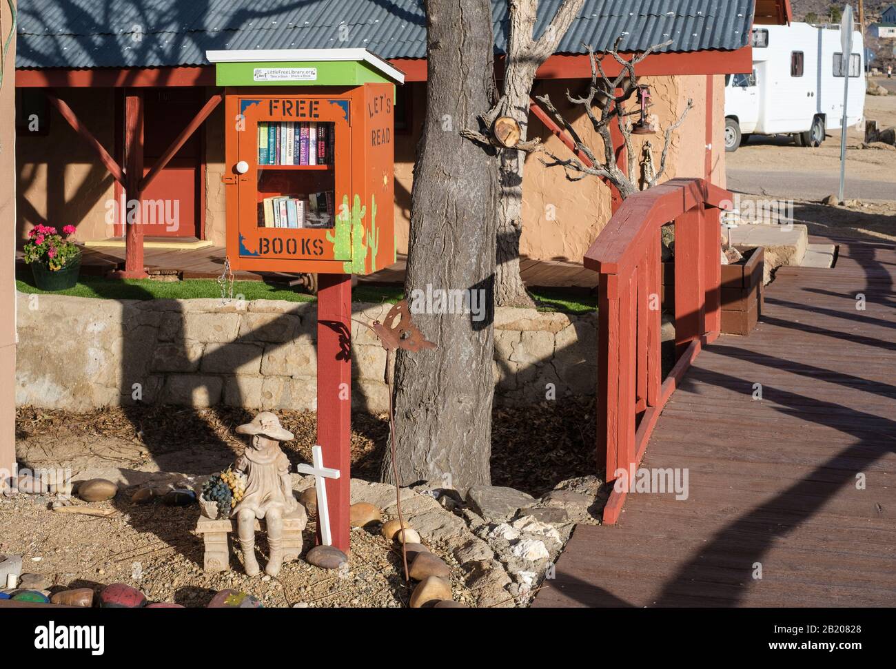 Free book box library outside Shep's Miners Inn & Yesterdays Restaurant Chloride, Arizona, 86431, USA. Stock Photo