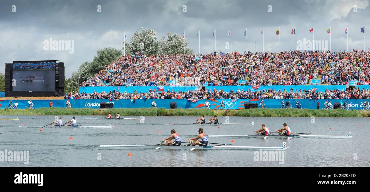 Eton Dorney, Windsor, Great Britain,  2012 London Olympic Regatta, Dorney Lake. Eton Rowing Centre, Berkshire.  Dorney Lake.   Closing stages of the Men's Lightweight Double Sculls foreground. GBR LM 2X Silver Medalist, left Zac PURCHASE and Mark HUNTER  12:56:04  Saturday  04/08/2012 [Mandatory Credit: Peter Spurrier/Intersport Images] Stock Photo