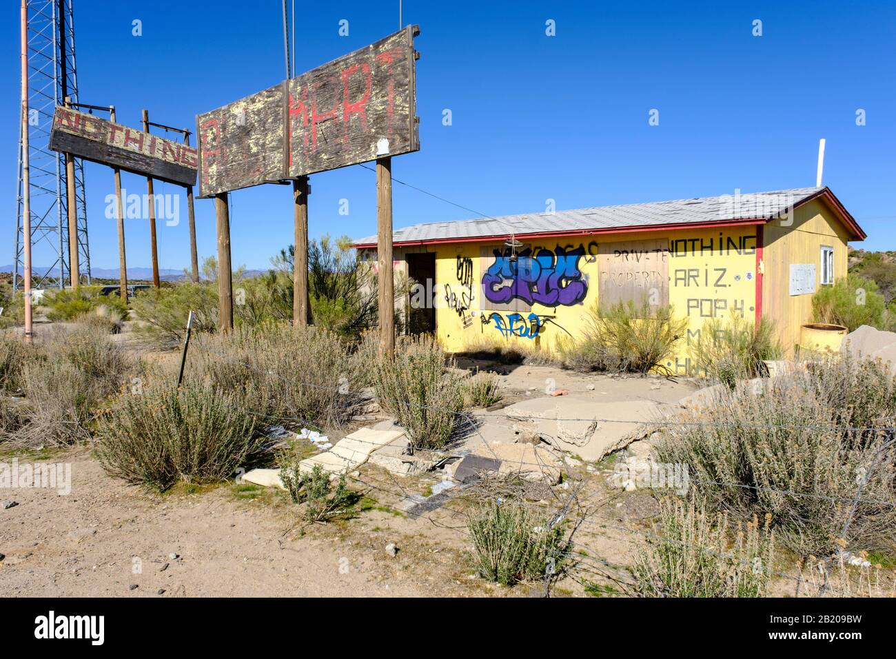 Nothing is an uninhabited ghost town between Wickenburg and Wikieup on the US 93 road from Phoenix to Kingman, Arizona, USA Stock Photo