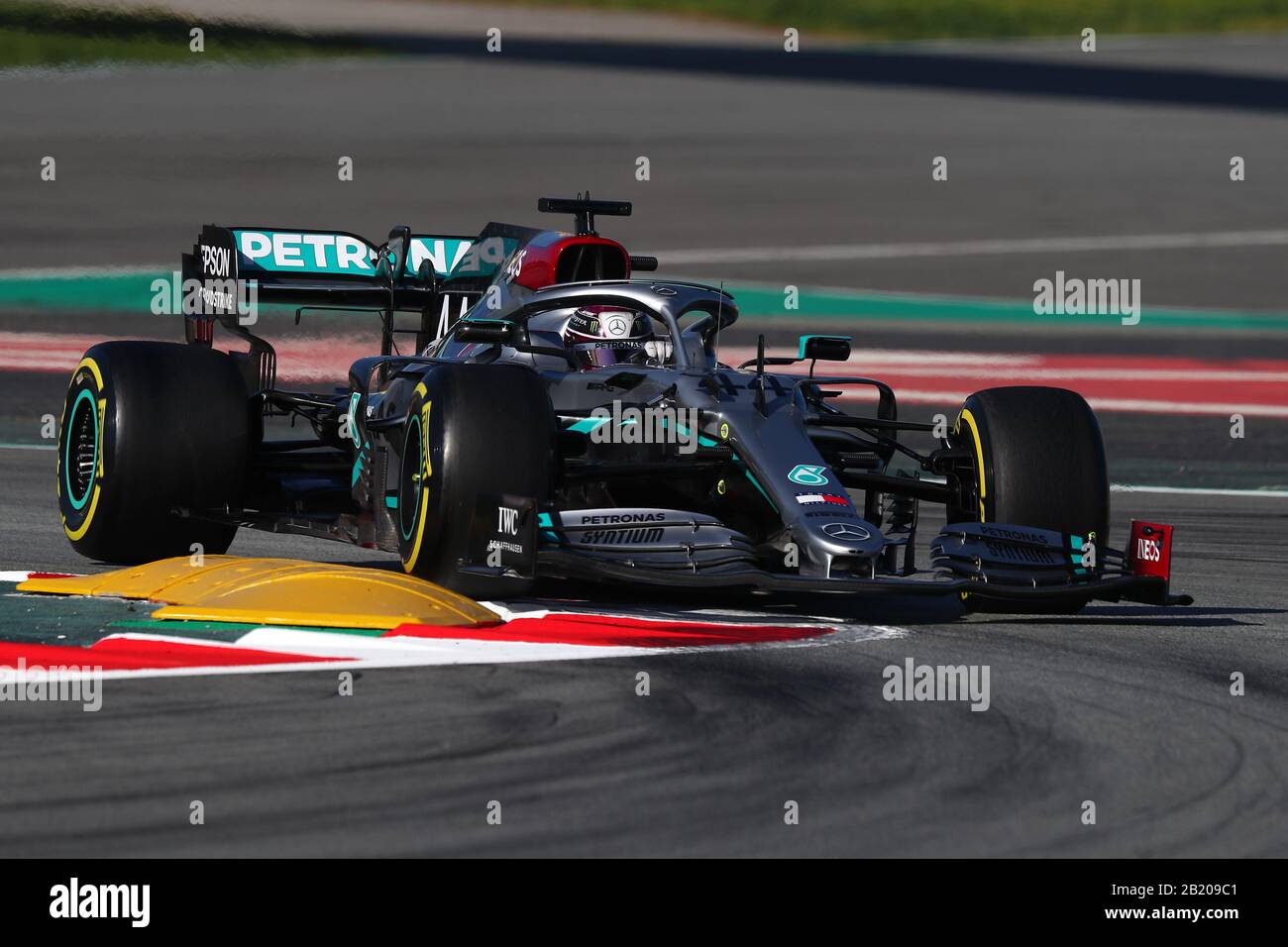 Montmelo, Spain. 28th Feb, 2020. Formula 1 Pre-Season test day 6. Lewis  Hamilton of Great Britain driving the (44) Mercedes AMG Petronas F1 Team  Mercedes W11 on track during day six of