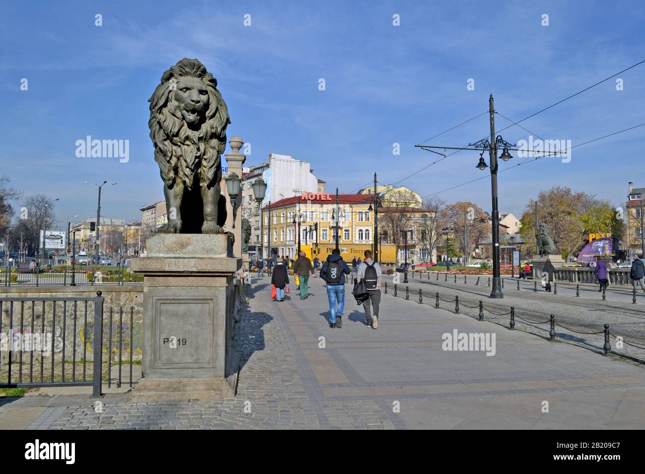 Sofia / Bulgaria - November 2017: Statue of a lion in Lion's bridge over Vladaya river. Stock Photo