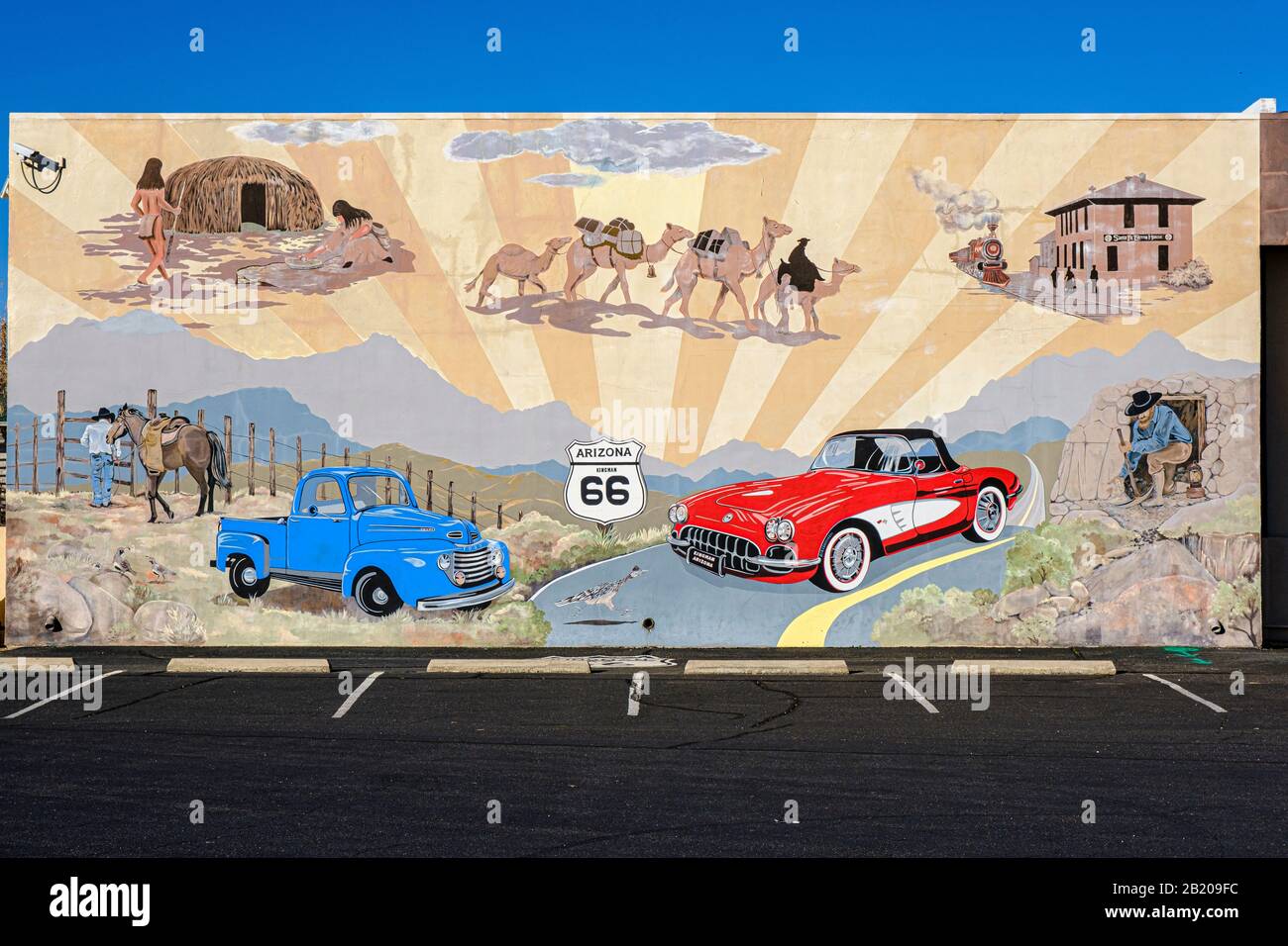 Route 66 mural on wall of The Mohave Museum of History and Arts, Kingman, Arizona, USA Stock Photo