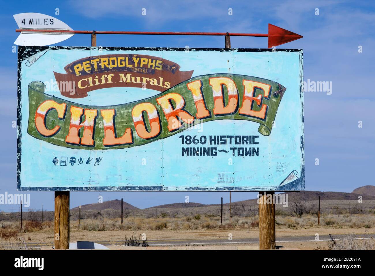 Chloride direction sign on Route 93 at Grasshopper junction to the town four miles away  of Chloride, Arizona, 86431, USA. Stock Photo