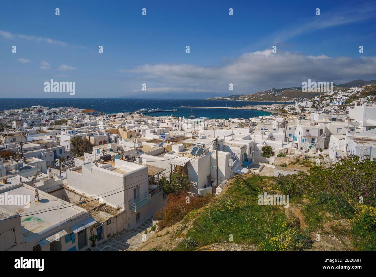 Panoramic aerial view of Mykonos island. It is one of the top destinations in Greece. Stock Photo