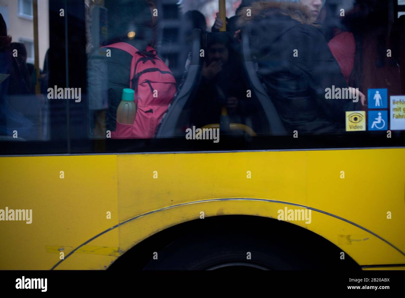 Berlin, Germany. 28th Feb, 2020. The passengers are packed tightly together in a bus operated by the Berlin transport company. In the means of transport in cities, many people often meet in a dense crowd. Credit: Fernando Gutierrez-Juarez/dpa-Zentralbild/ZB/dpa/Alamy Live News Stock Photo