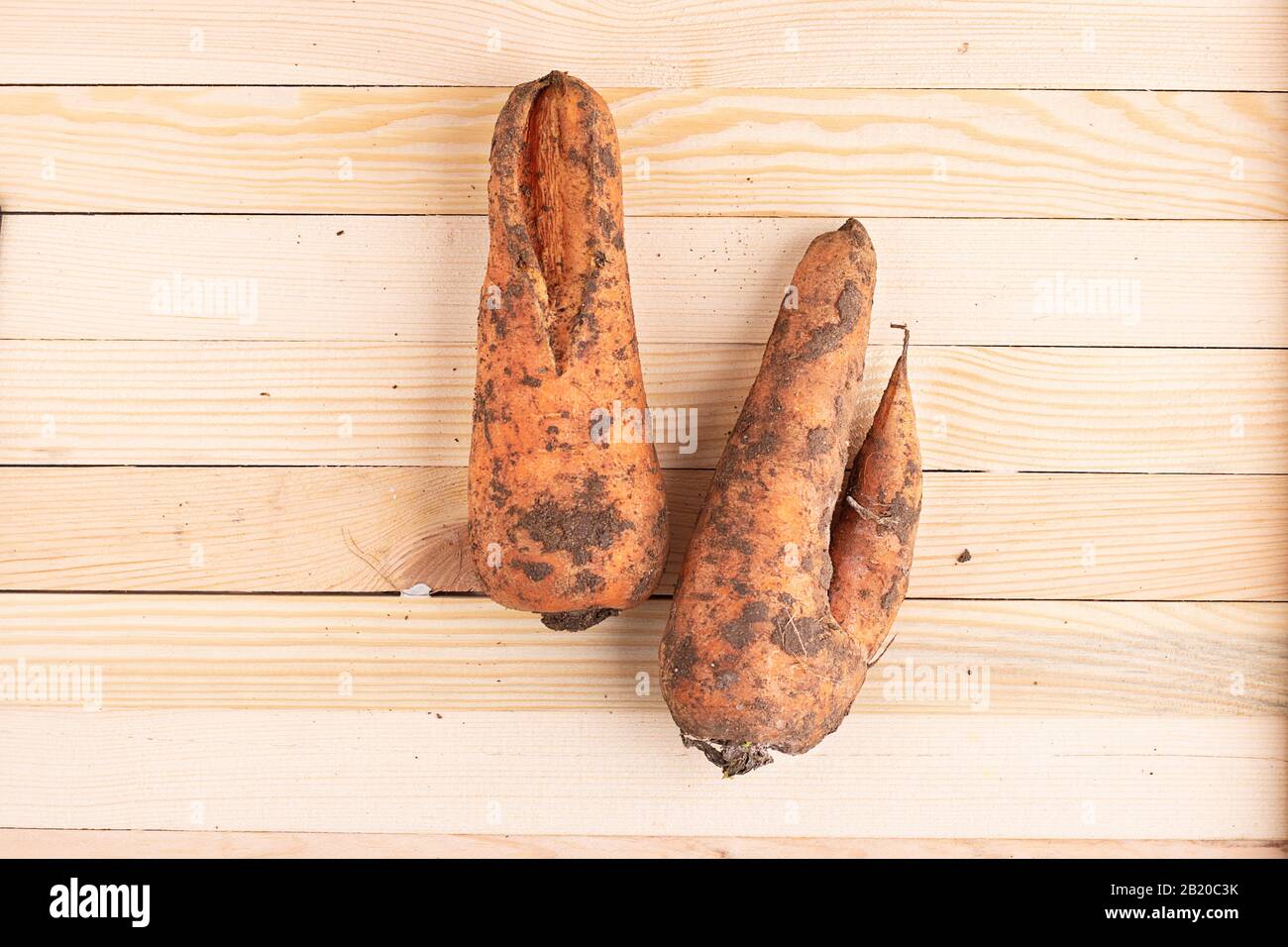 Ugly carrots on wooden table, top view Stock Photo