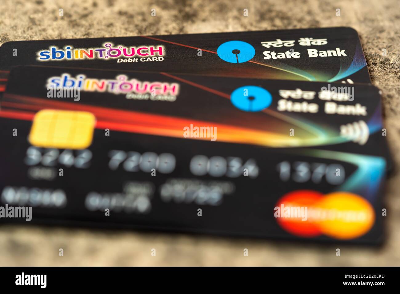 SBI cards closeup shot for background with copy space. Concept for IPO, banking, finance, stock market, investment, cashless, online payment. Stock Photo